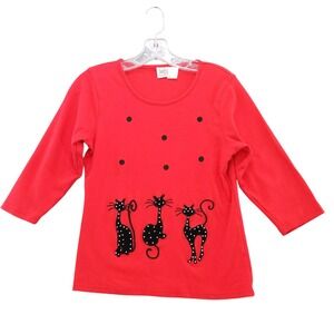 Peanut Butter & Jelly Black Cats Top 3/4 Sleeve Polka Dot Applique Red S/P‎